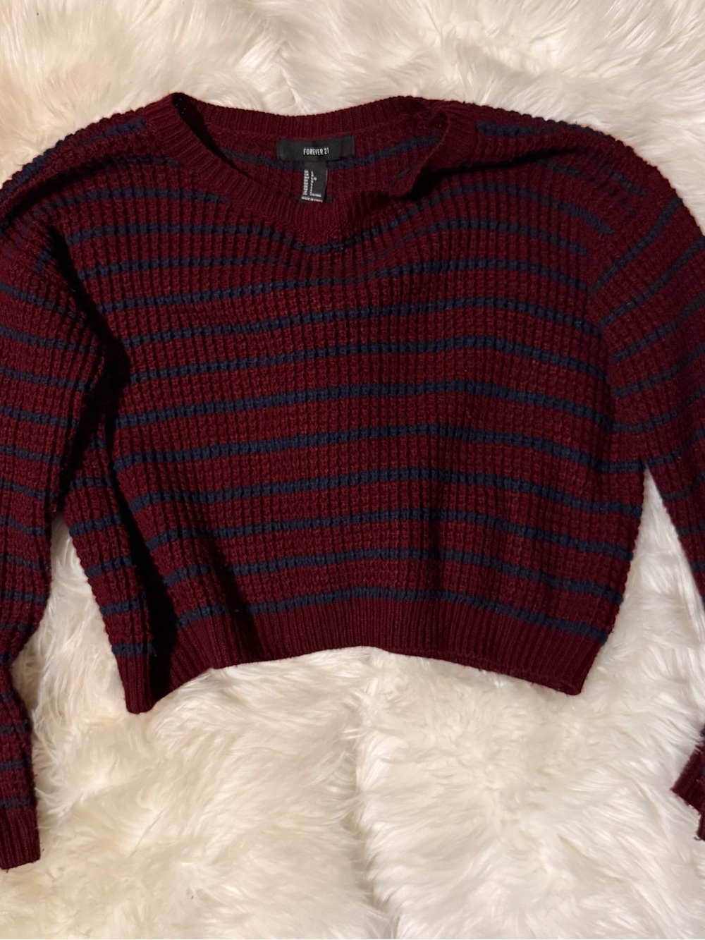Forever 21 Burgundy and Navy Striped Cropped Crewneck Sweater